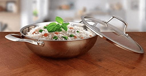 Shri & Sam Linocut Triply Stainless Steel Non-Stick Kadhai with Glass Lid, 26 cm, Silver/Inside Black Cube (All cooktop Friendly) - Image 3